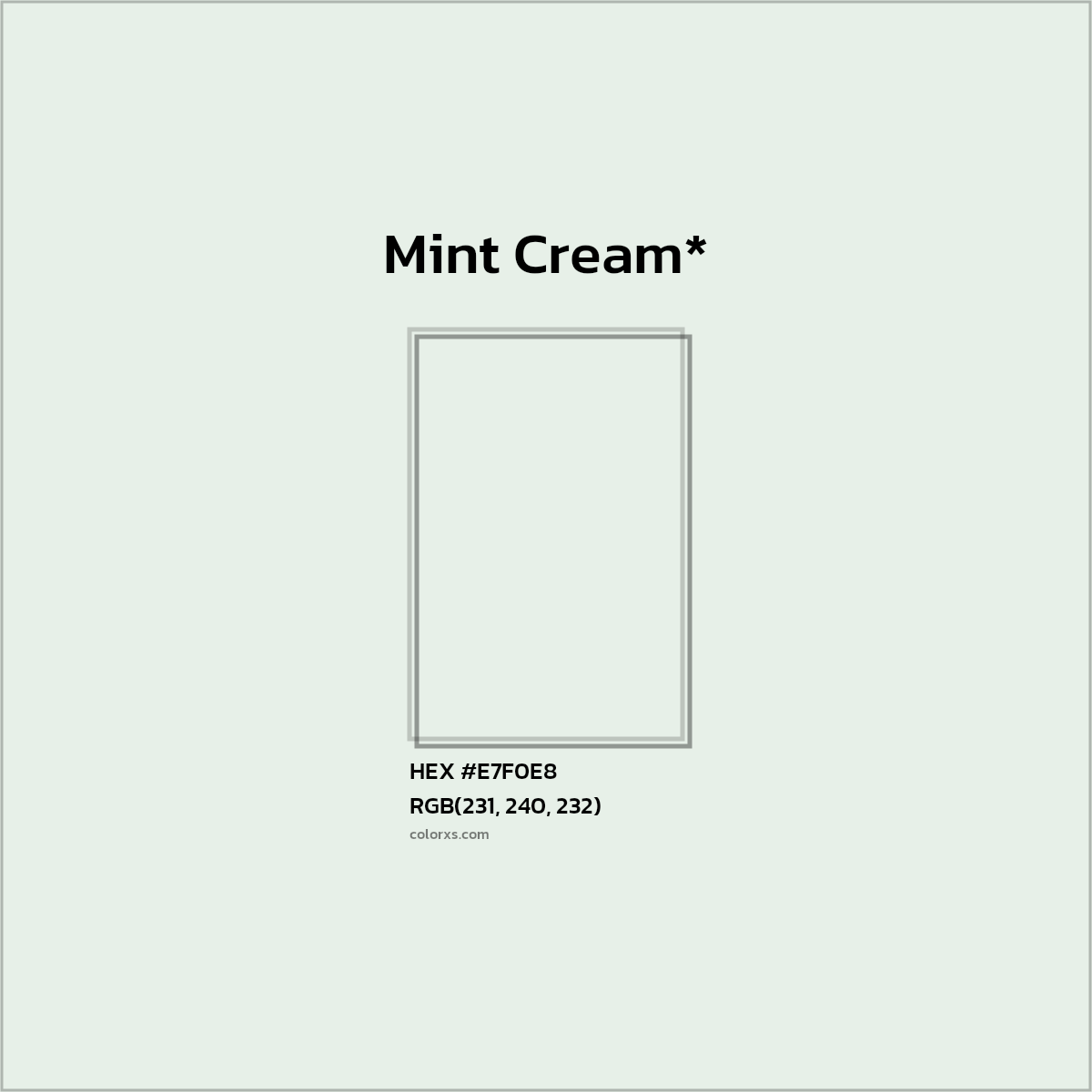 #E7F0E8 hex color. RGB, RYB, CMYK, HSL, HSV codes and color conversions. Matching color names, palettes, paints.