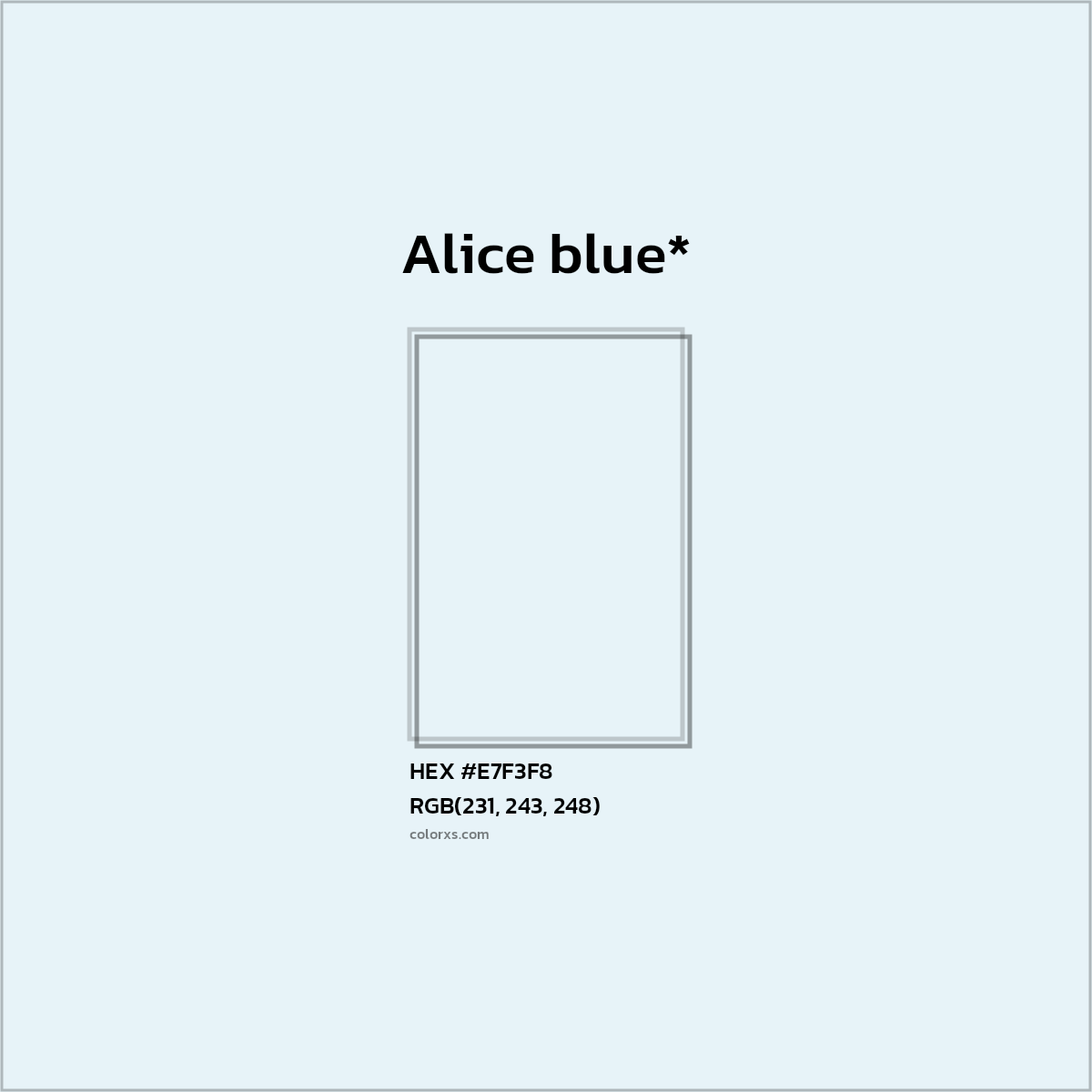 #E7F3F8 hex color. RGB, RYB, CMYK, HSL, HSV codes and color conversions. Matching color names, palettes, paints.