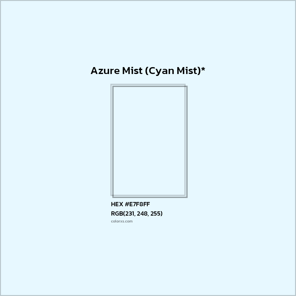 #E7F8FF hex color. RGB, RYB, CMYK, HSL, HSV codes and color conversions. Matching color names, palettes, paints.