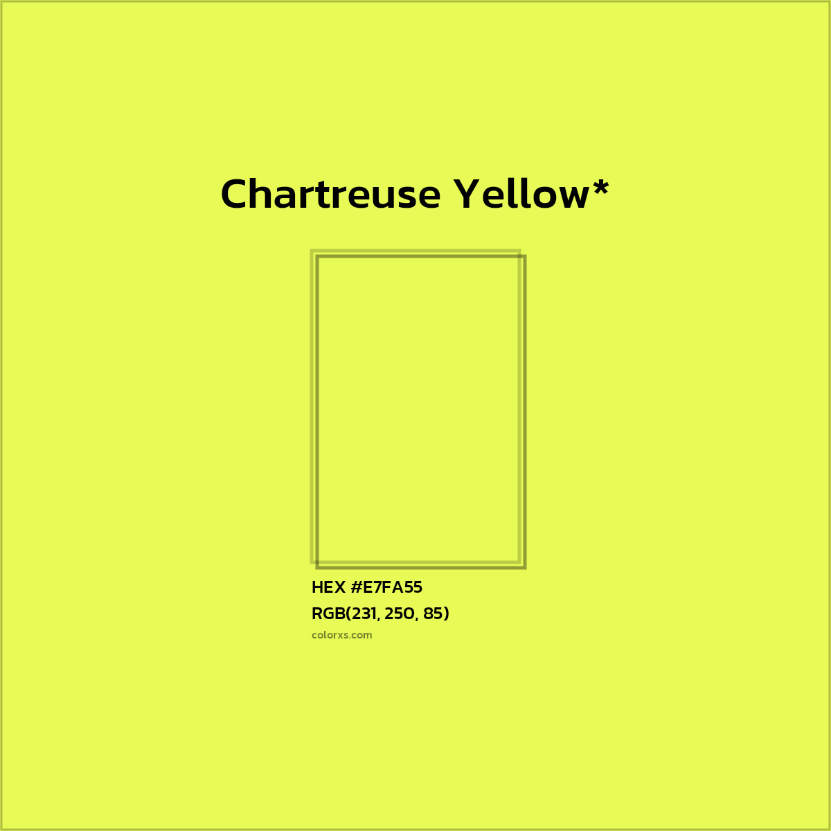#E7FA55 hex color. RGB, RYB, CMYK, HSL, HSV codes and color conversions. Matching color names, palettes, paints.