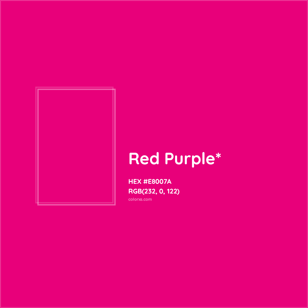 #E8007A hex color. RGB, RYB, CMYK, HSL, HSV codes and color conversions. Matching color names, palettes, paints.