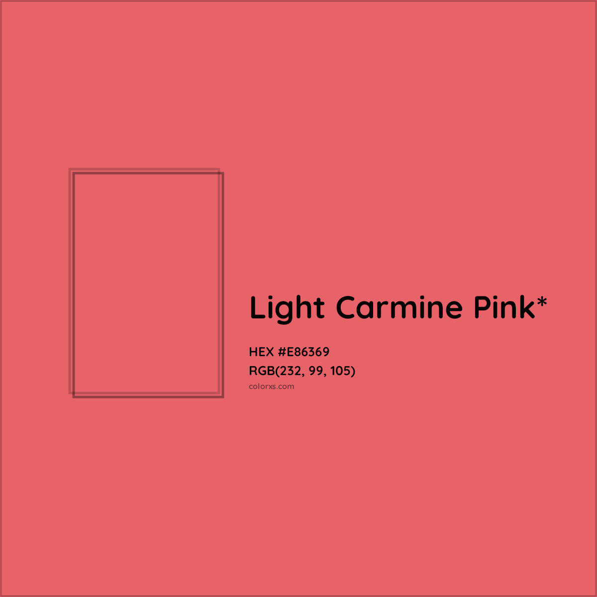 #E86369 hex color. RGB, RYB, CMYK, HSL, HSV codes and color conversions. Matching color names, palettes, paints.