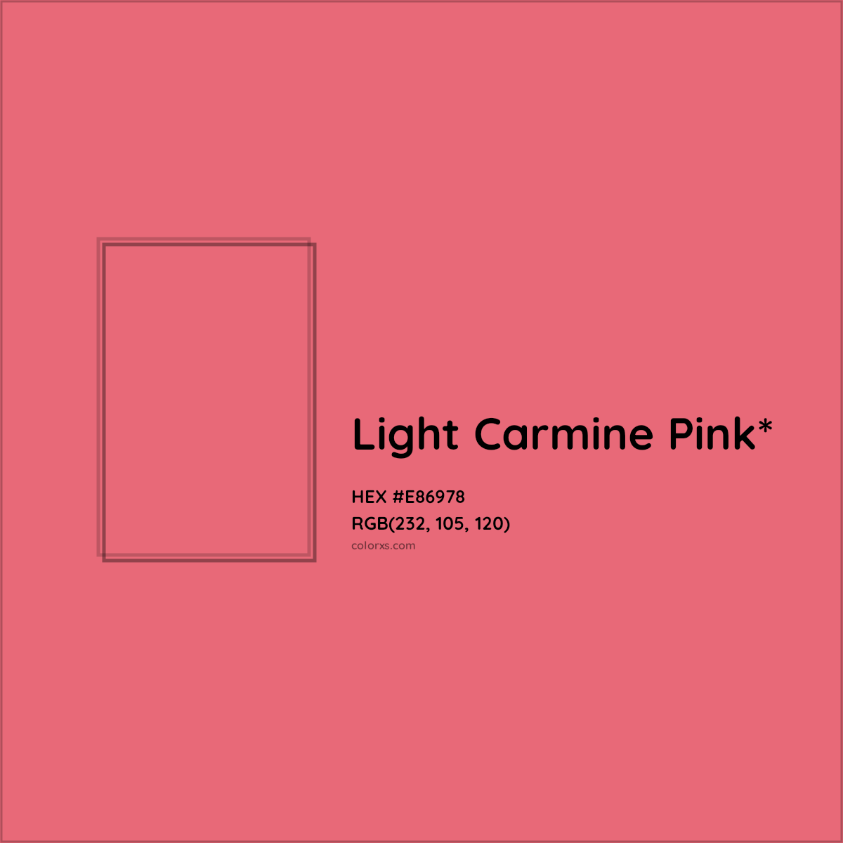 #E86978 hex color. RGB, RYB, CMYK, HSL, HSV codes and color conversions. Matching color names, palettes, paints.