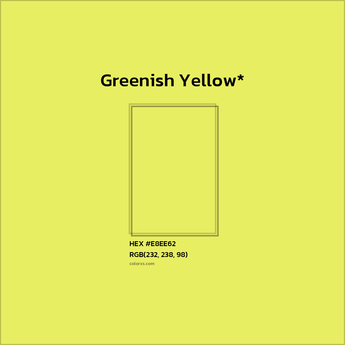 #E8EE62 hex color. RGB, RYB, CMYK, HSL, HSV codes and color conversions. Matching color names, palettes, paints.