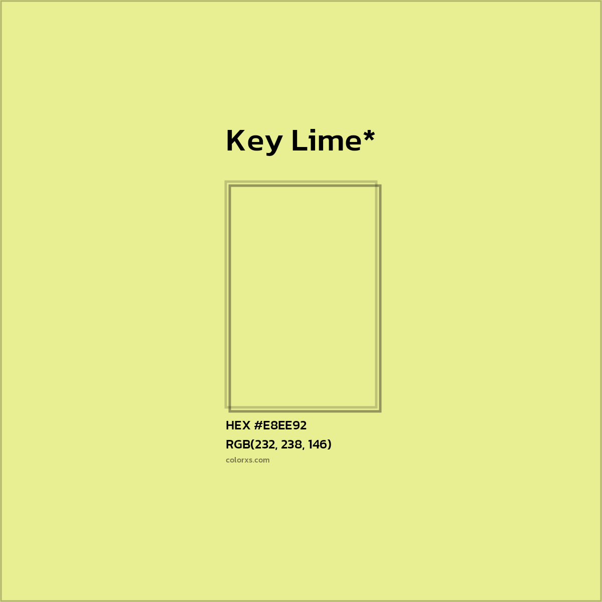 #E8EE92 hex color. RGB, RYB, CMYK, HSL, HSV codes and color conversions. Matching color names, palettes, paints.
