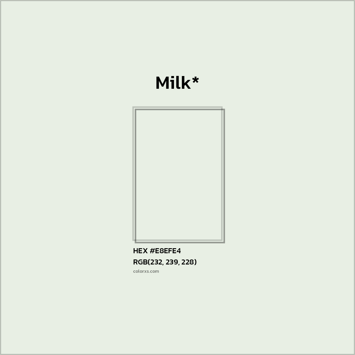 #E8EFE4 hex color. RGB, RYB, CMYK, HSL, HSV codes and color conversions. Matching color names, palettes, paints.