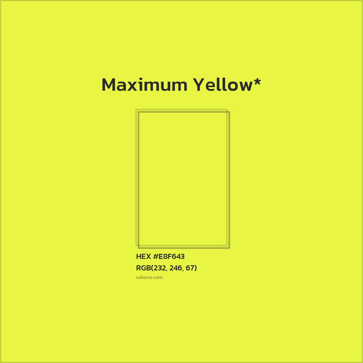 #E8F643 hex color. RGB, RYB, CMYK, HSL, HSV codes and color conversions. Matching color names, palettes, paints.