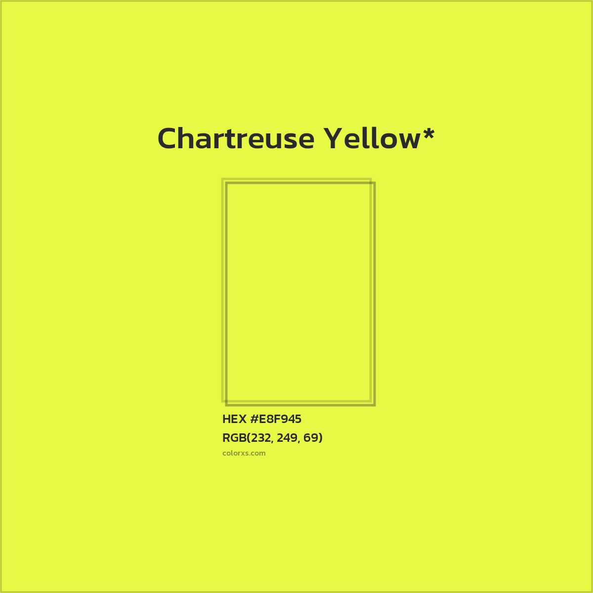 #E8F945 hex color. RGB, RYB, CMYK, HSL, HSV codes and color conversions. Matching color names, palettes, paints.