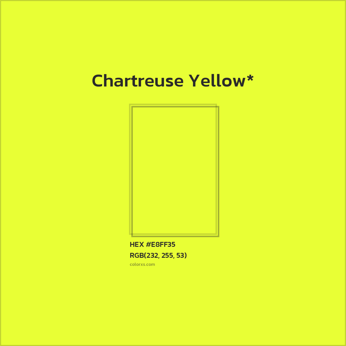 #E8FF35 hex color. RGB, RYB, CMYK, HSL, HSV codes and color conversions. Matching color names, palettes, paints.