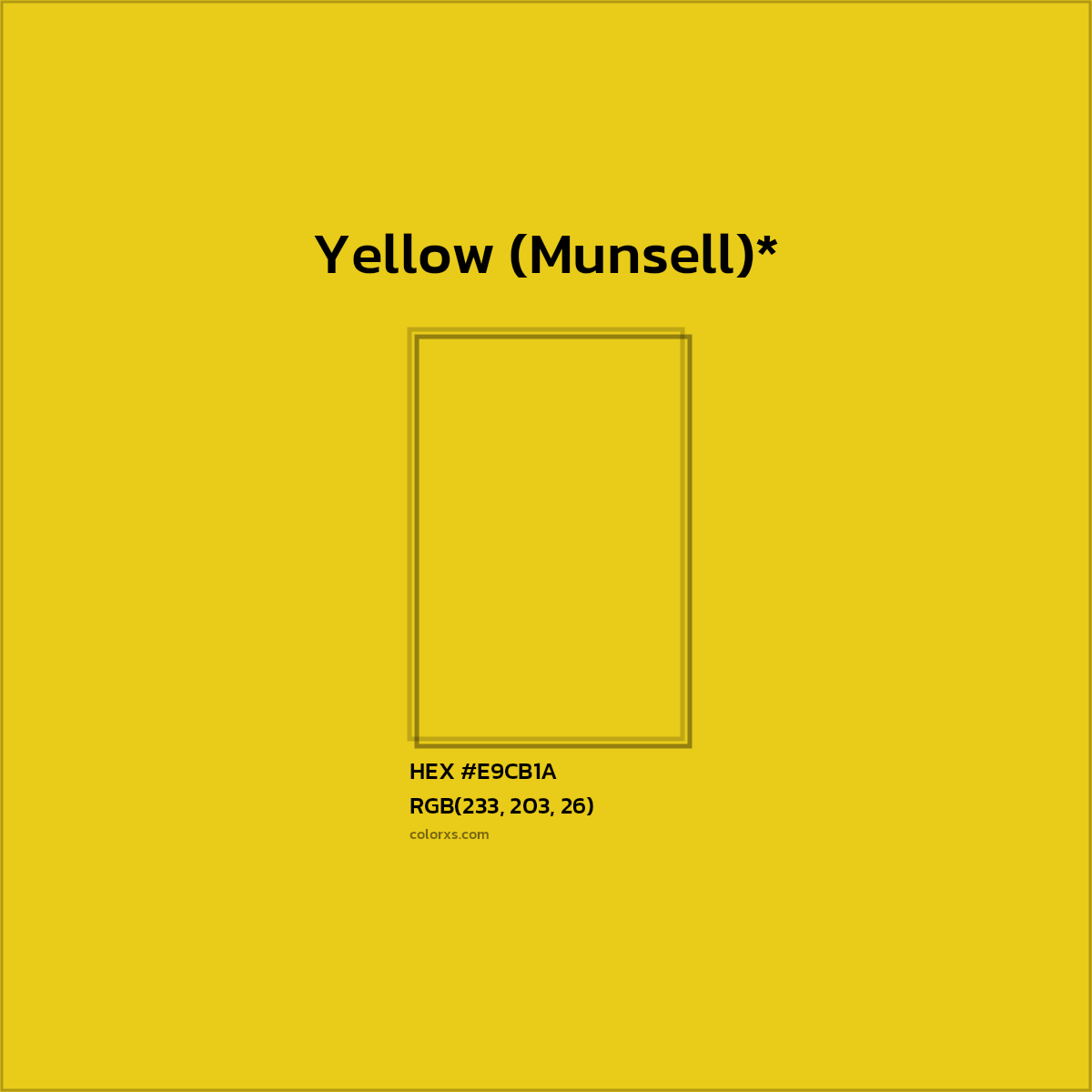 #E9CB1A hex color. RGB, RYB, CMYK, HSL, HSV codes and color conversions. Matching color names, palettes, paints.