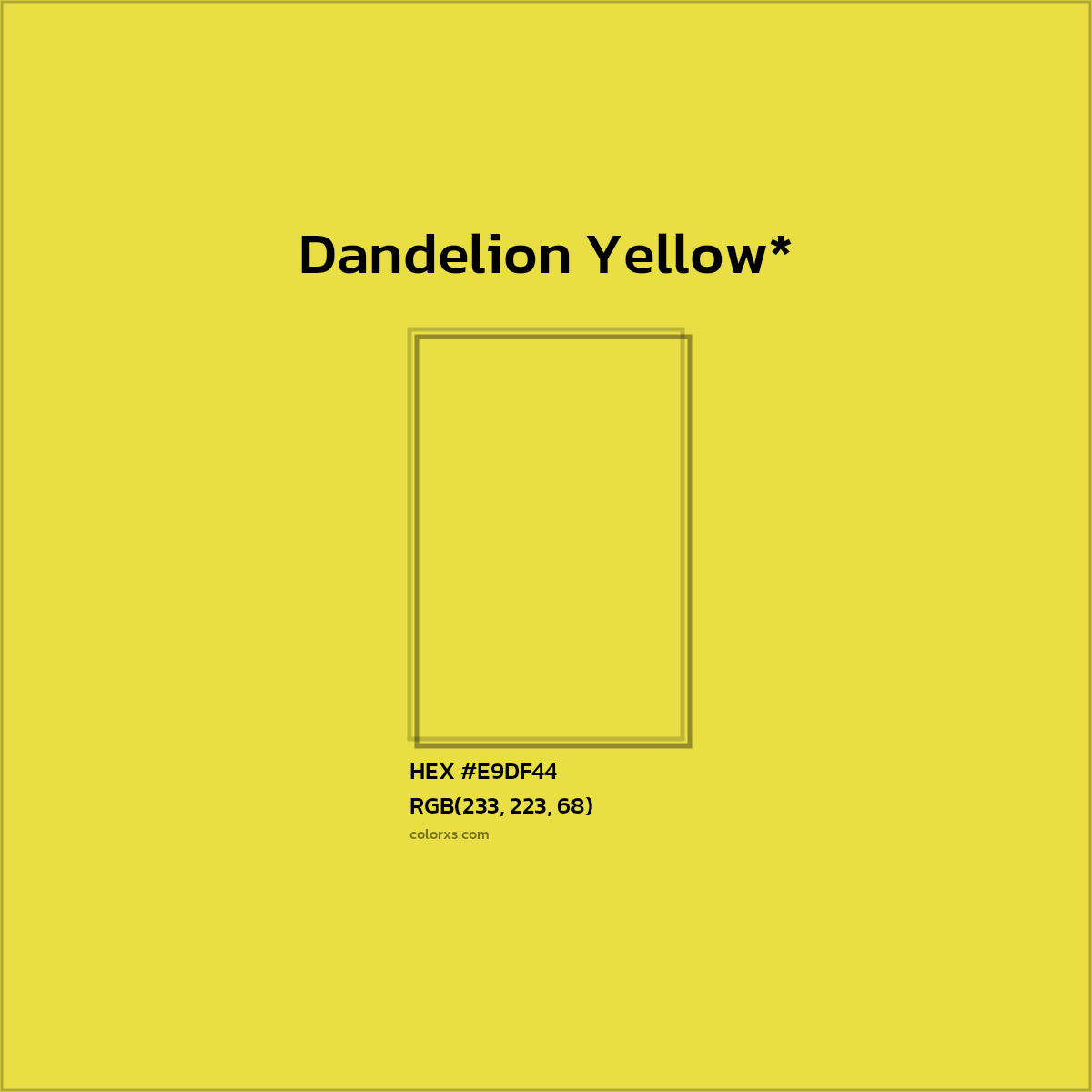 #E9DF44 hex color. RGB, RYB, CMYK, HSL, HSV codes and color conversions. Matching color names, palettes, paints.