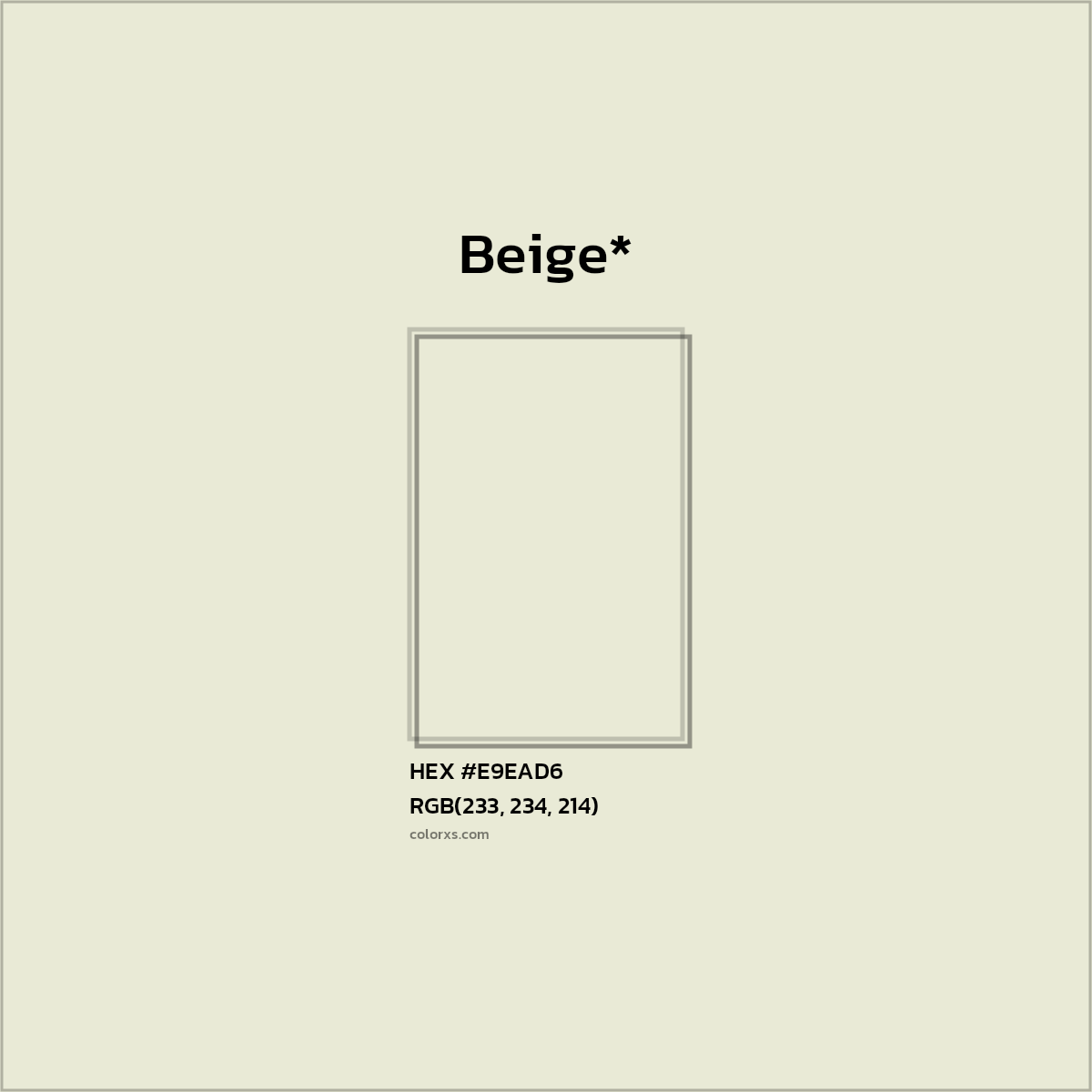 #E9EAD6 hex color. RGB, RYB, CMYK, HSL, HSV codes and color conversions. Matching color names, palettes, paints.
