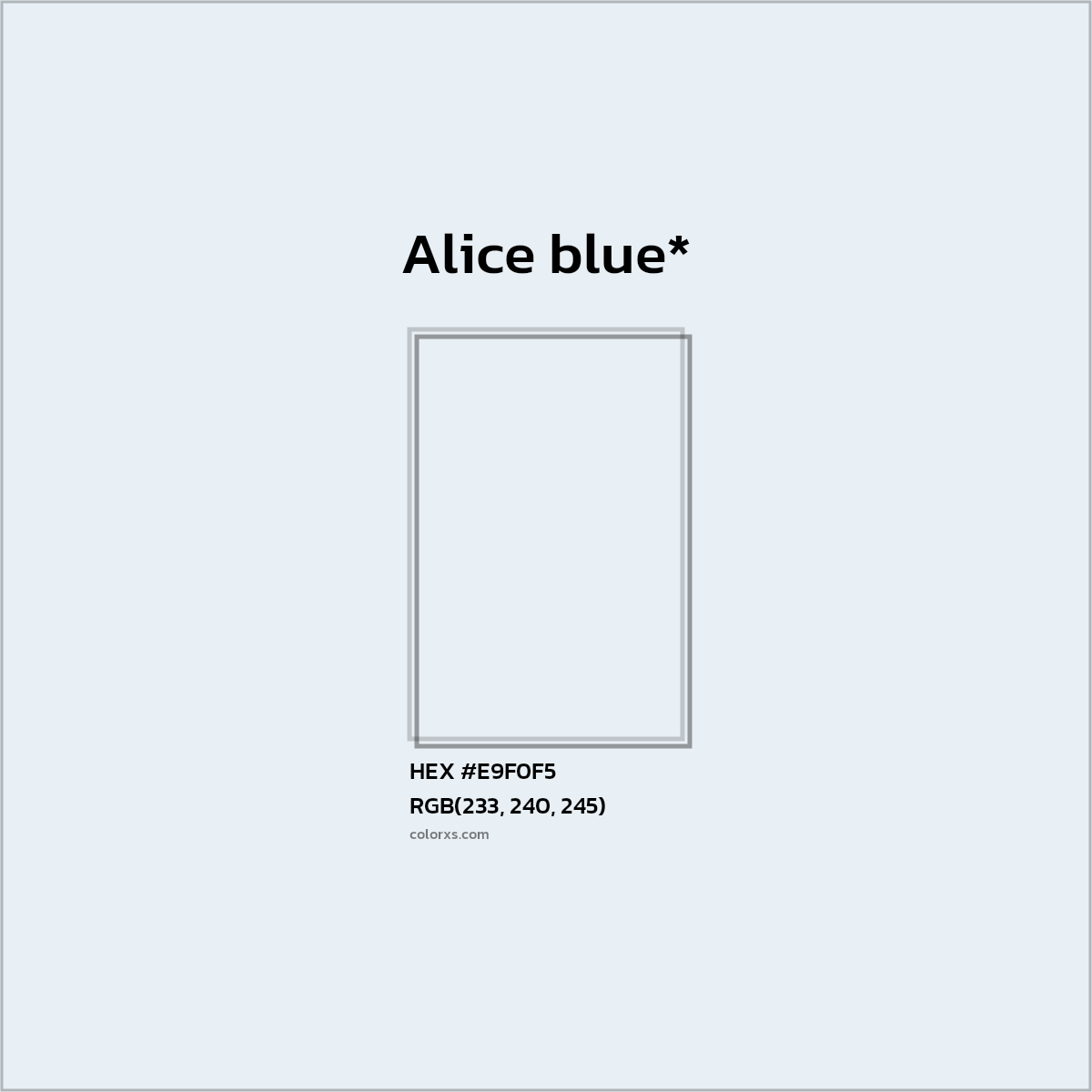 #E9F0F5 hex color. RGB, RYB, CMYK, HSL, HSV codes and color conversions. Matching color names, palettes, paints.