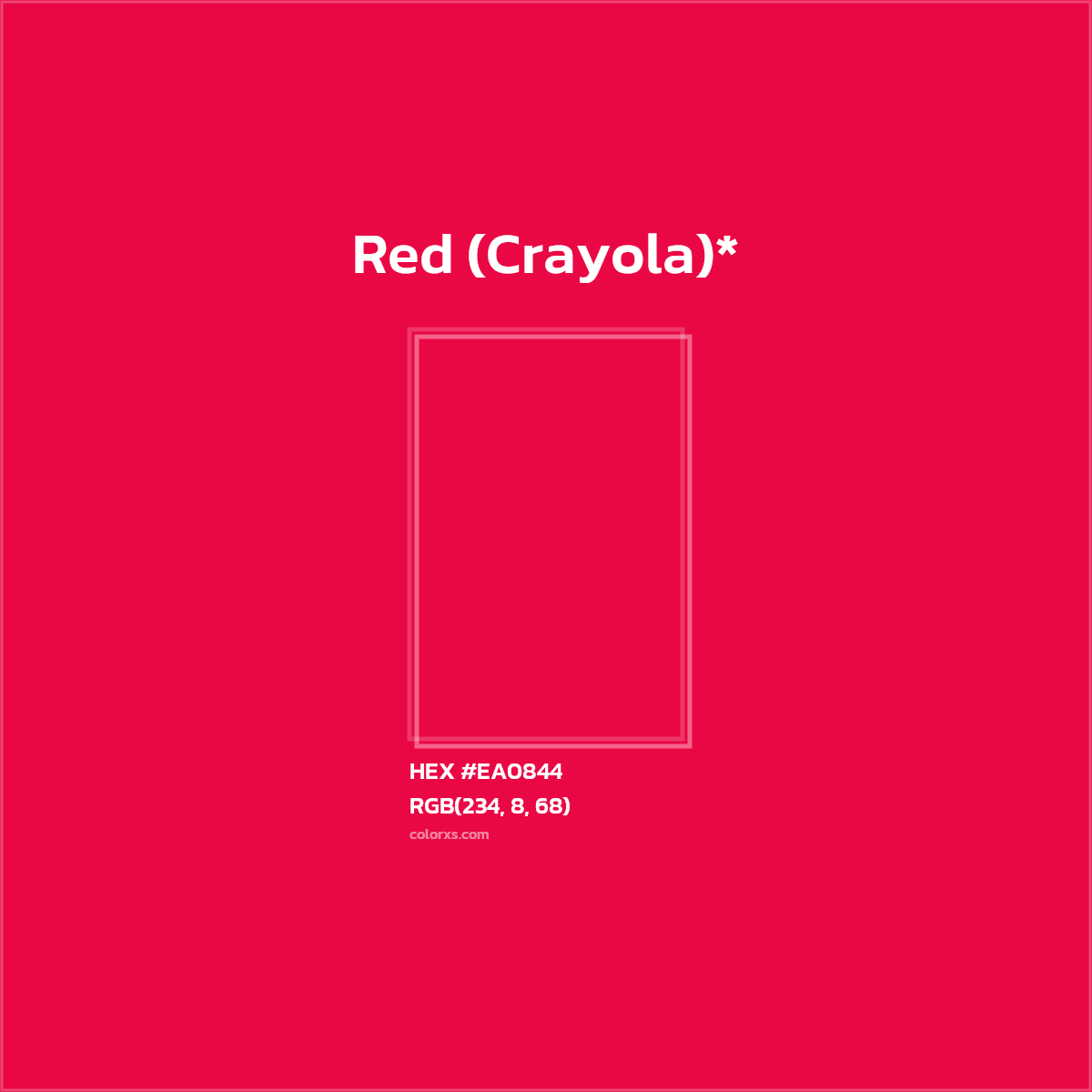 #EA0844 hex color. RGB, RYB, CMYK, HSL, HSV codes and color conversions. Matching color names, palettes, paints.