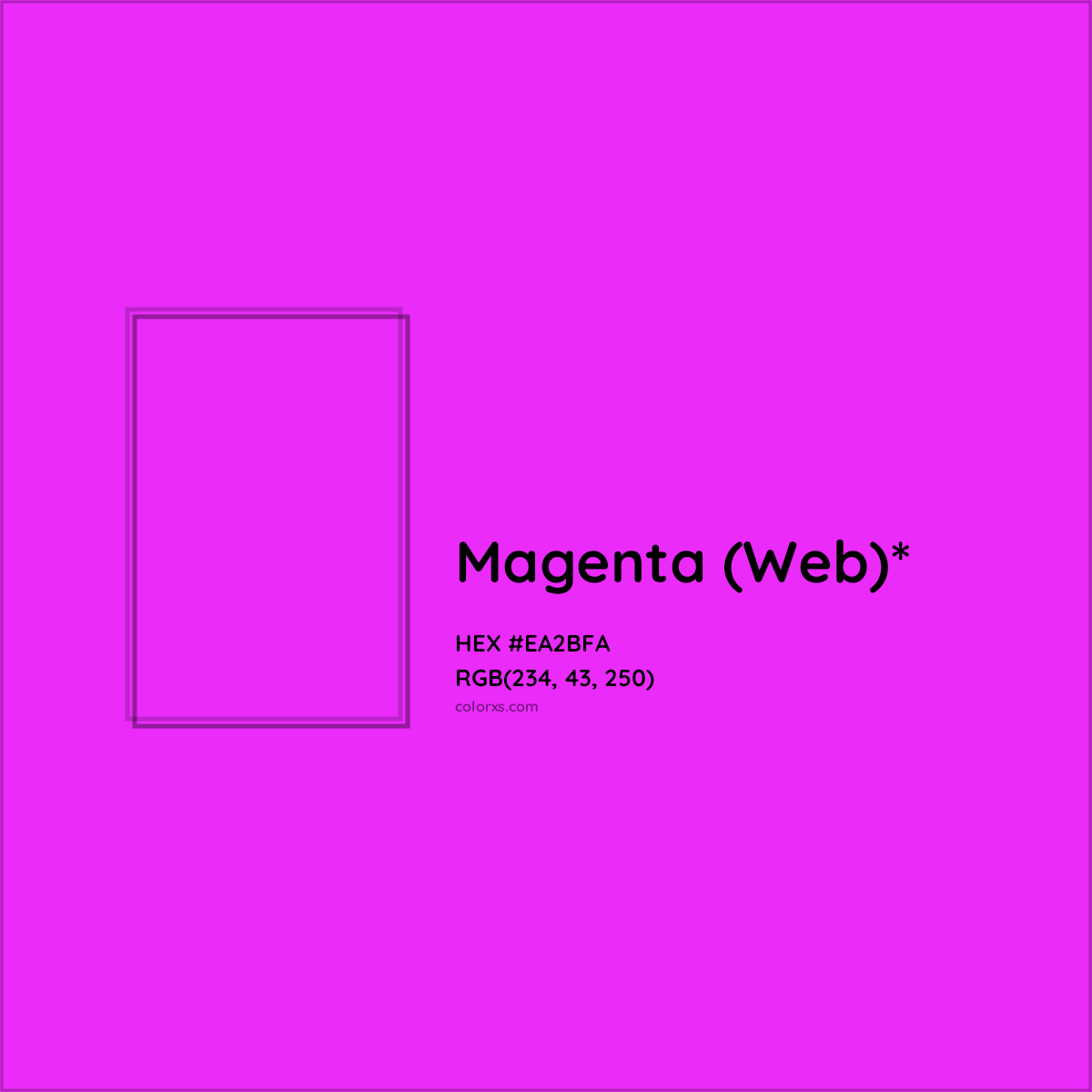 #EA2BFA hex color. RGB, RYB, CMYK, HSL, HSV codes and color conversions. Matching color names, palettes, paints.