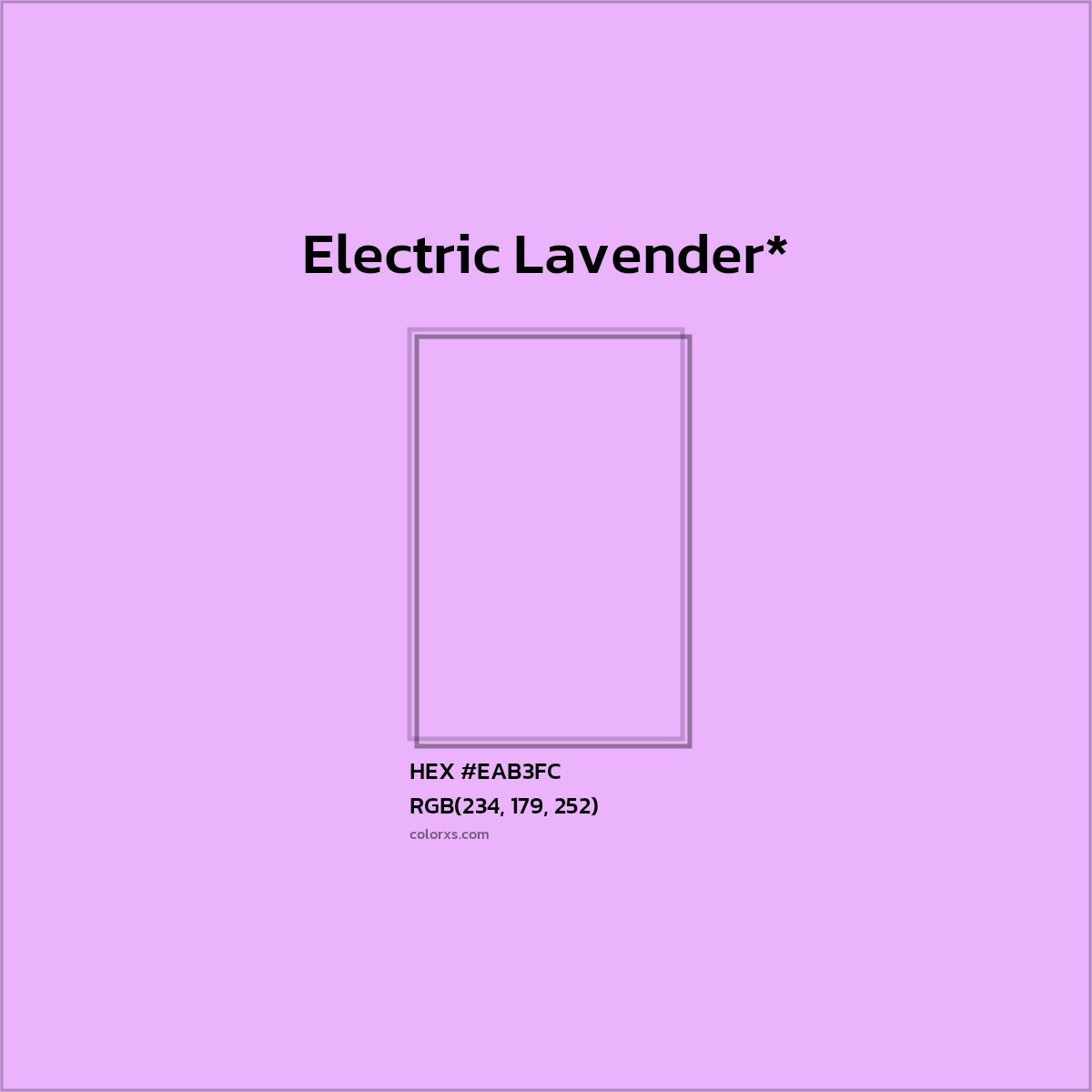 #EAB3FC hex color. RGB, RYB, CMYK, HSL, HSV codes and color conversions. Matching color names, palettes, paints.