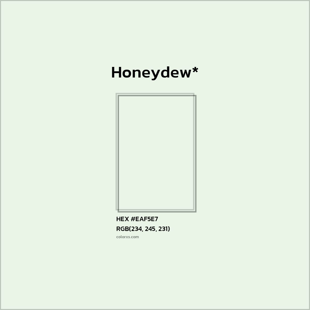 #EAF5E7 hex color. RGB, RYB, CMYK, HSL, HSV codes and color conversions. Matching color names, palettes, paints.