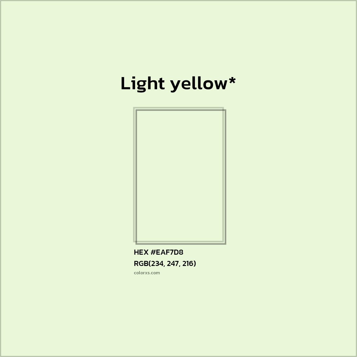 #EAF7D8 hex color. RGB, RYB, CMYK, HSL, HSV codes and color conversions. Matching color names, palettes, paints.