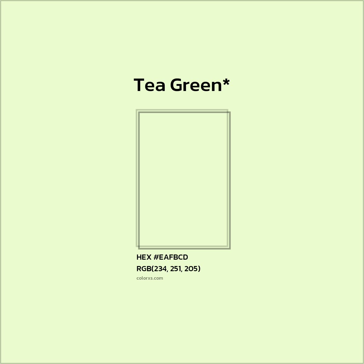 #EAFBCD hex color. RGB, RYB, CMYK, HSL, HSV codes and color conversions. Matching color names, palettes, paints.