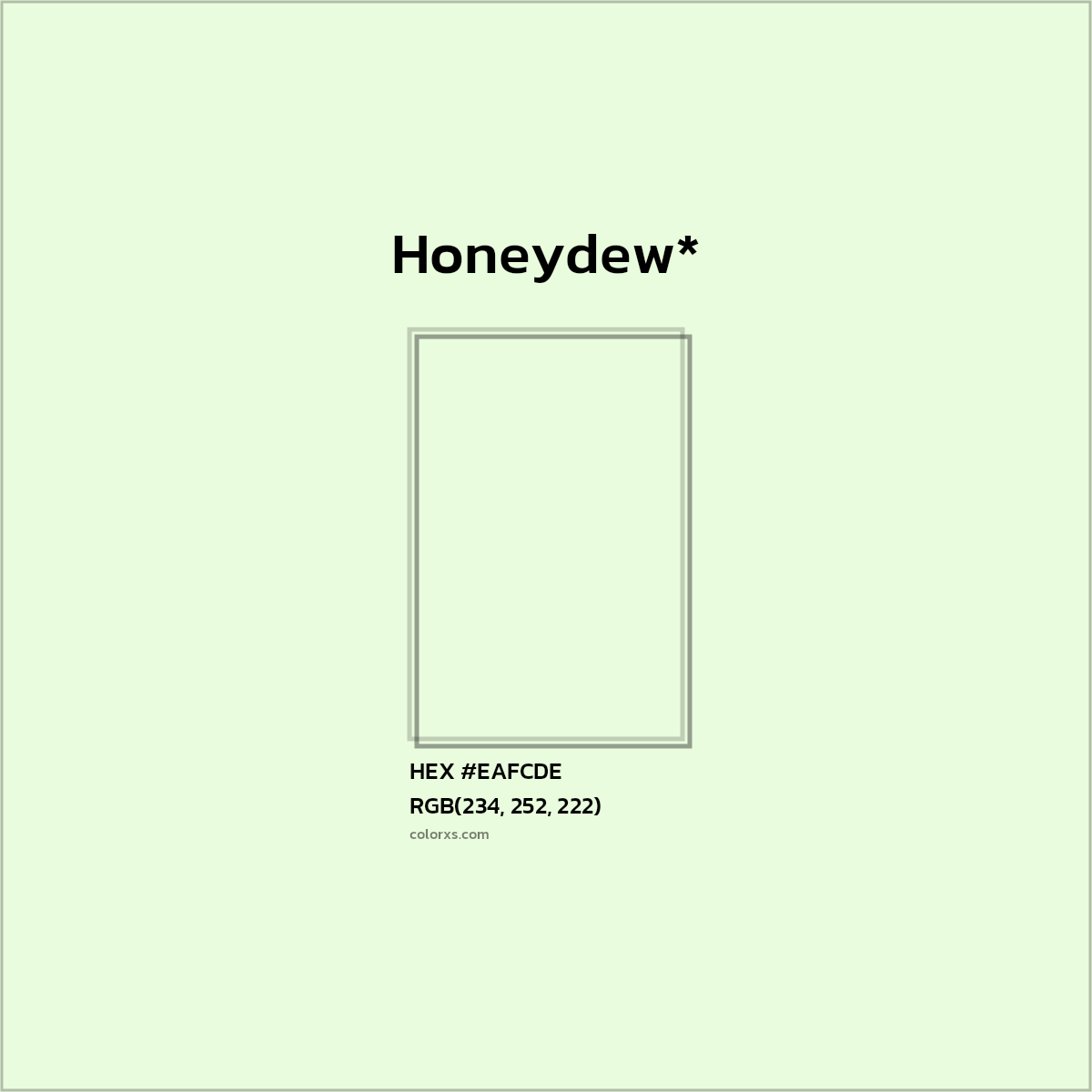 #EAFCDE hex color. RGB, RYB, CMYK, HSL, HSV codes and color conversions. Matching color names, palettes, paints.