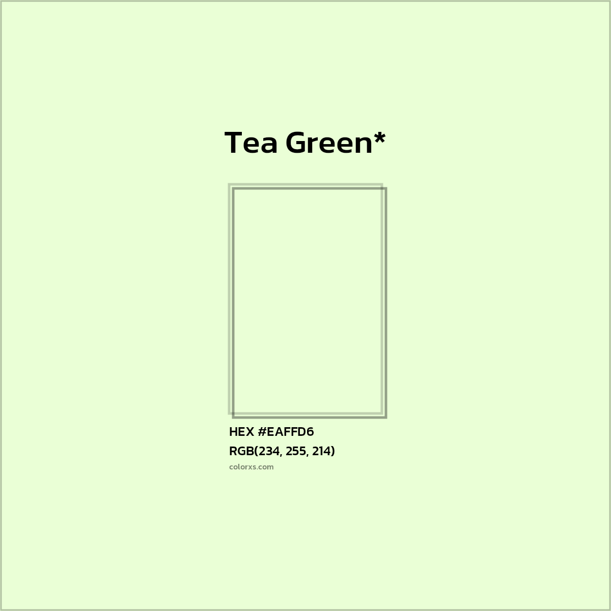 #EAFFD6 hex color. RGB, RYB, CMYK, HSL, HSV codes and color conversions. Matching color names, palettes, paints.