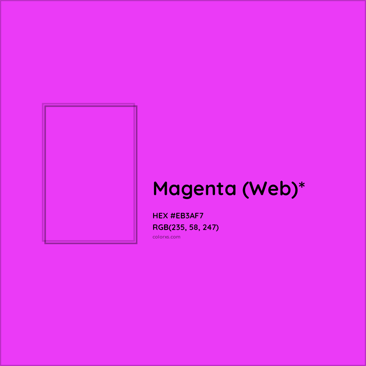 #EB3AF7 hex color. RGB, RYB, CMYK, HSL, HSV codes and color conversions. Matching color names, palettes, paints.