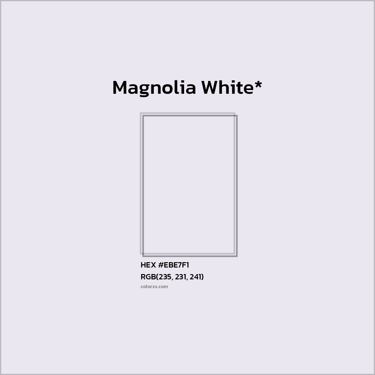 #EBE7F1 hex color. RGB, RYB, CMYK, HSL, HSV codes and color conversions. Matching color names, palettes, paints.