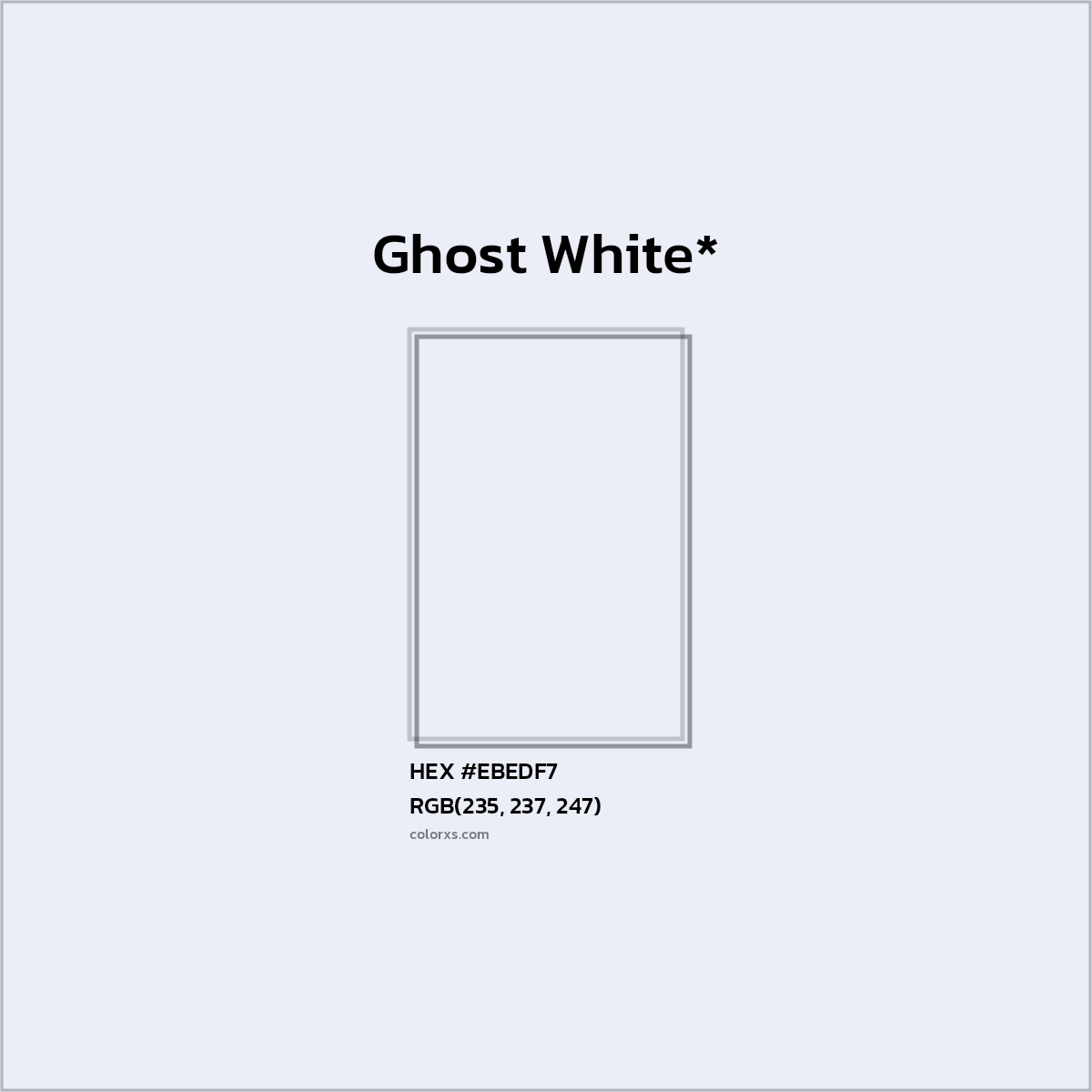 #EBEDF7 hex color. RGB, RYB, CMYK, HSL, HSV codes and color conversions. Matching color names, palettes, paints.