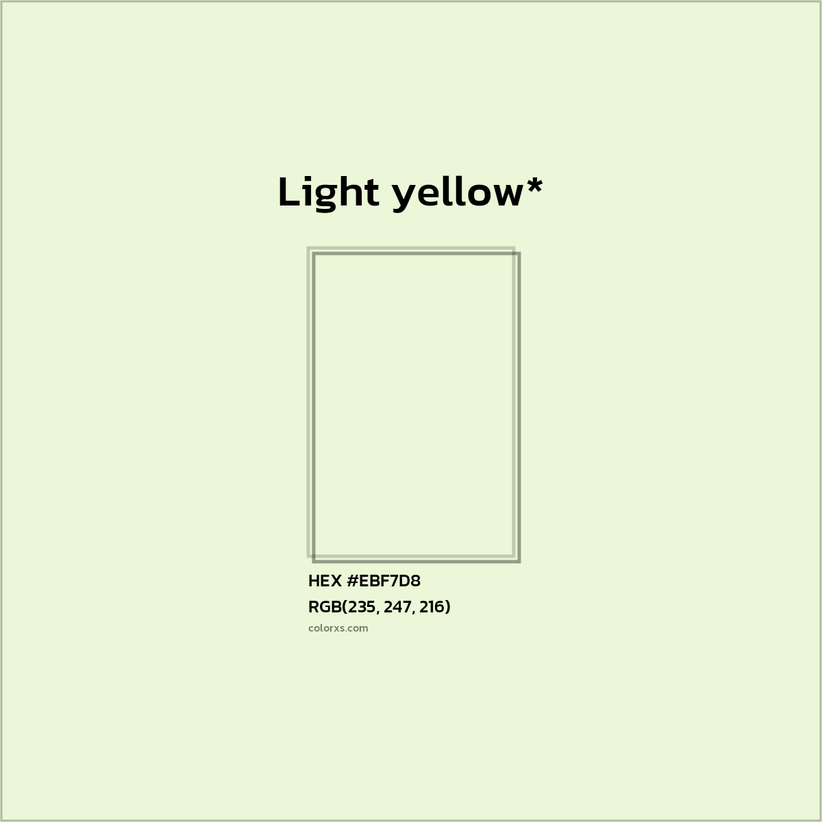 #EBF7D8 hex color. RGB, RYB, CMYK, HSL, HSV codes and color conversions. Matching color names, palettes, paints.