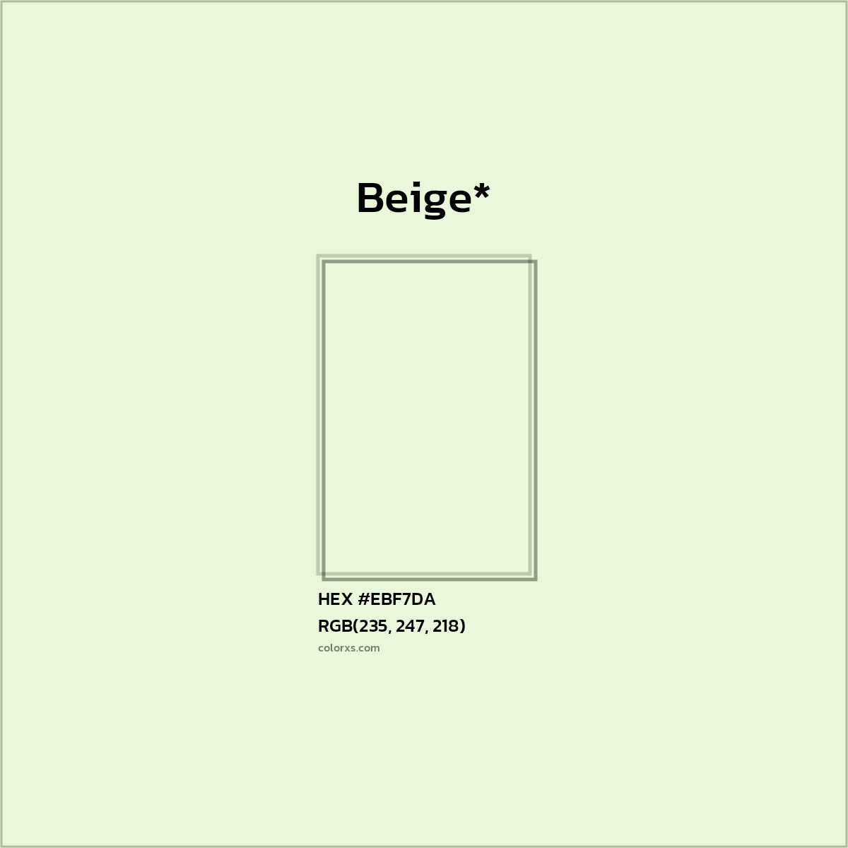#EBF7DA hex color. RGB, RYB, CMYK, HSL, HSV codes and color conversions. Matching color names, palettes, paints.