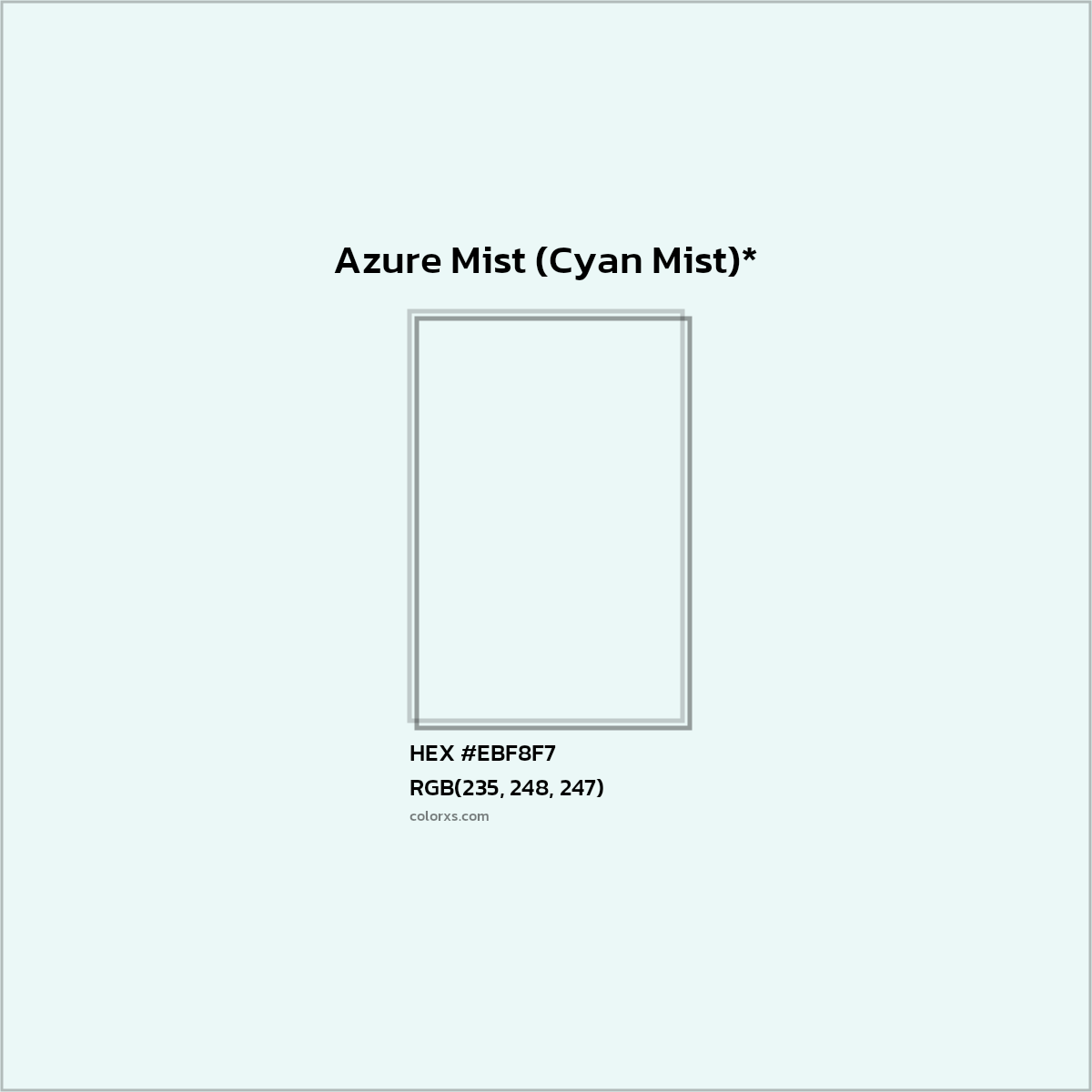 #EBF8F7 hex color. RGB, RYB, CMYK, HSL, HSV codes and color conversions. Matching color names, palettes, paints.