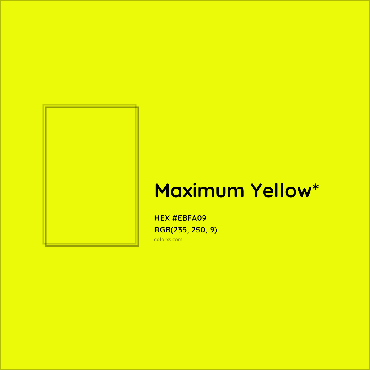 #EBFA09 hex color. RGB, RYB, CMYK, HSL, HSV codes and color conversions. Matching color names, palettes, paints.