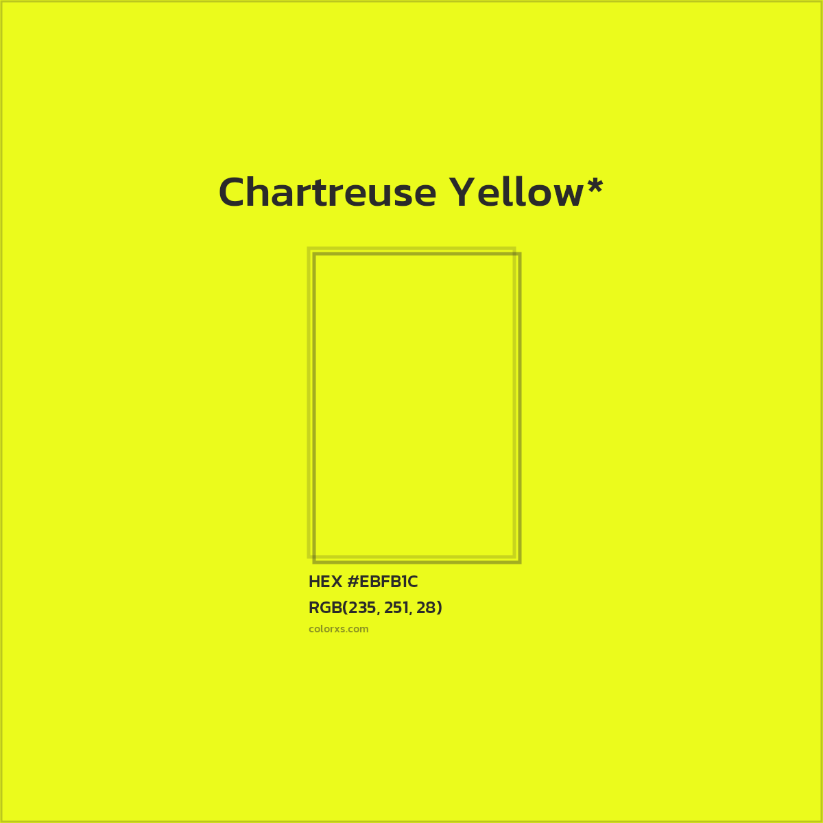 #EBFB1C hex color. RGB, RYB, CMYK, HSL, HSV codes and color conversions. Matching color names, palettes, paints.