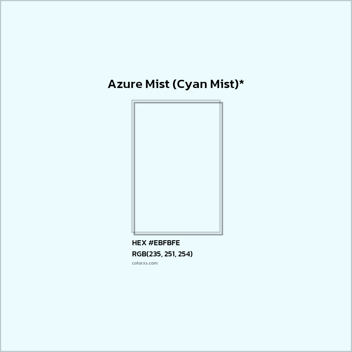#EBFBFE hex color. RGB, RYB, CMYK, HSL, HSV codes and color conversions. Matching color names, palettes, paints.