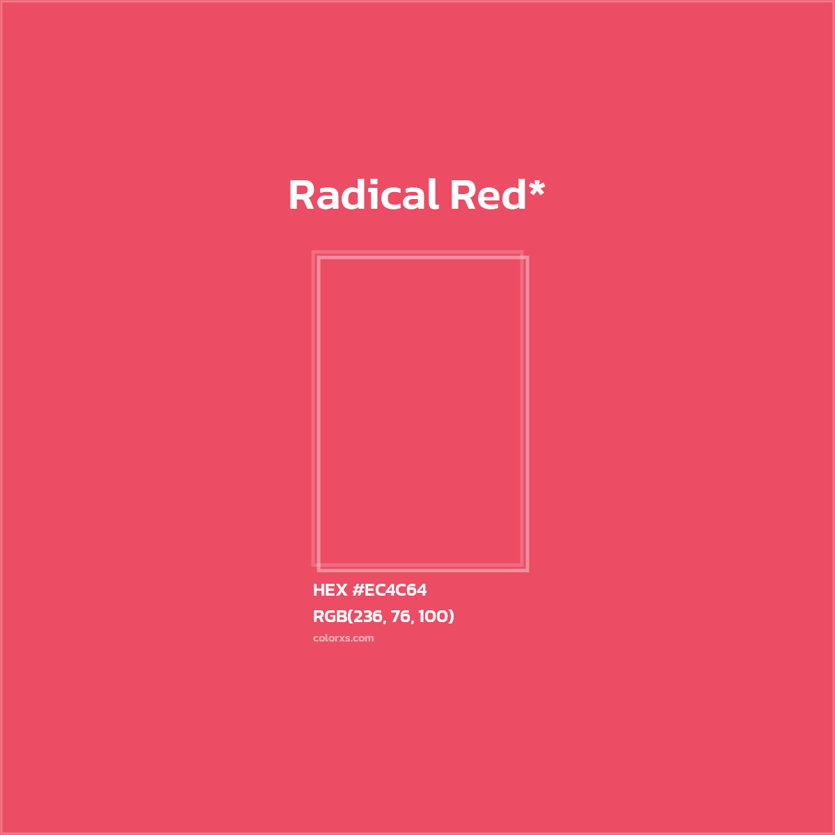 #EC4C64 hex color. RGB, RYB, CMYK, HSL, HSV codes and color conversions. Matching color names, palettes, paints.