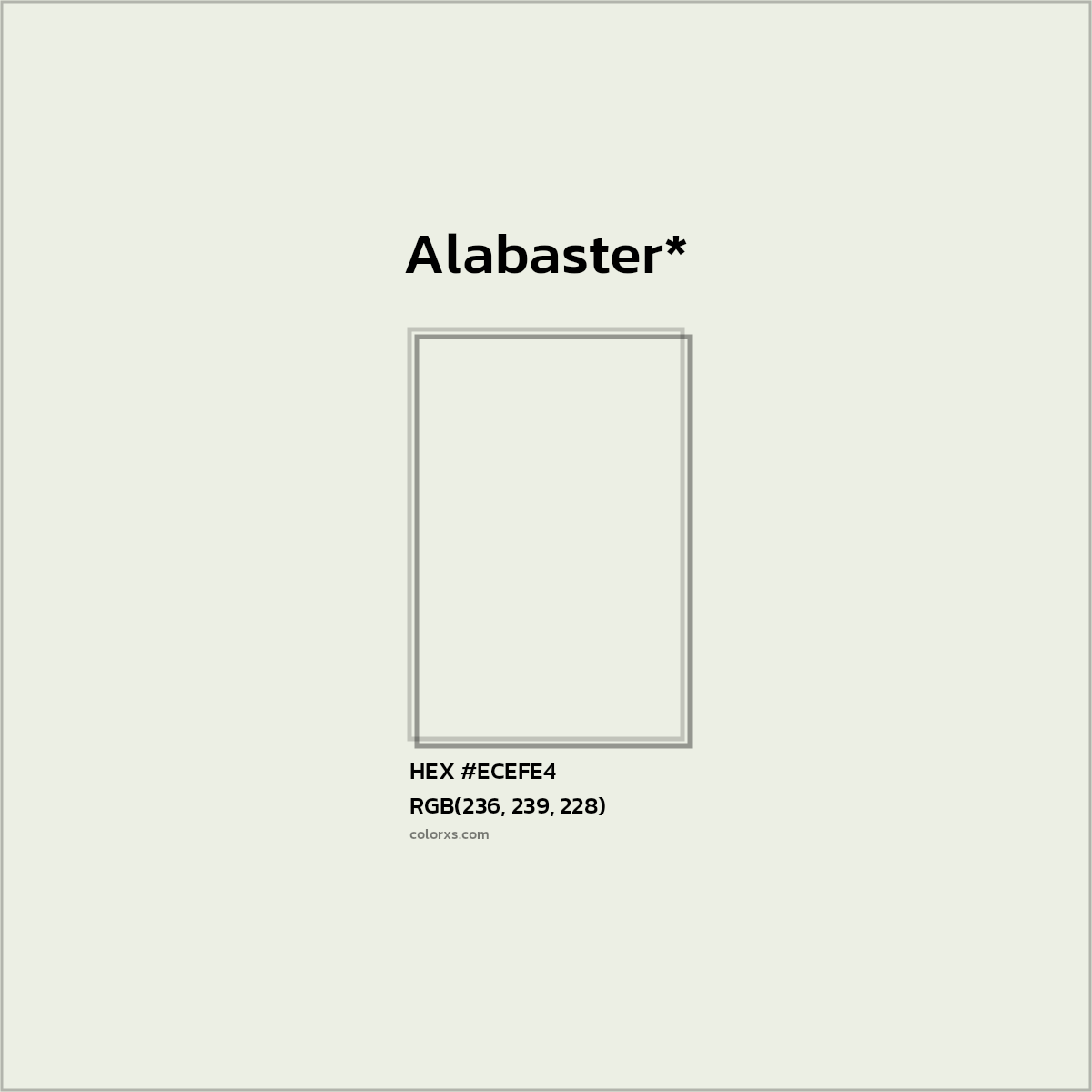 #ECEFE4 hex color. RGB, RYB, CMYK, HSL, HSV codes and color conversions. Matching color names, palettes, paints.