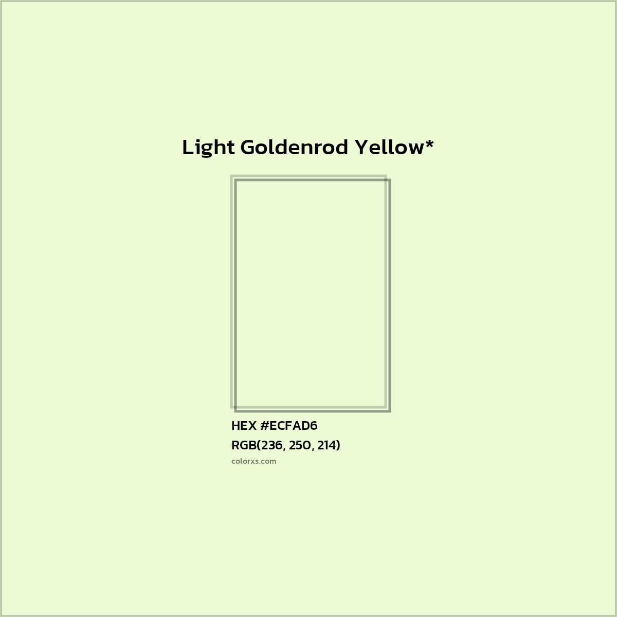 #ECFAD6 hex color. RGB, RYB, CMYK, HSL, HSV codes and color conversions. Matching color names, palettes, paints.