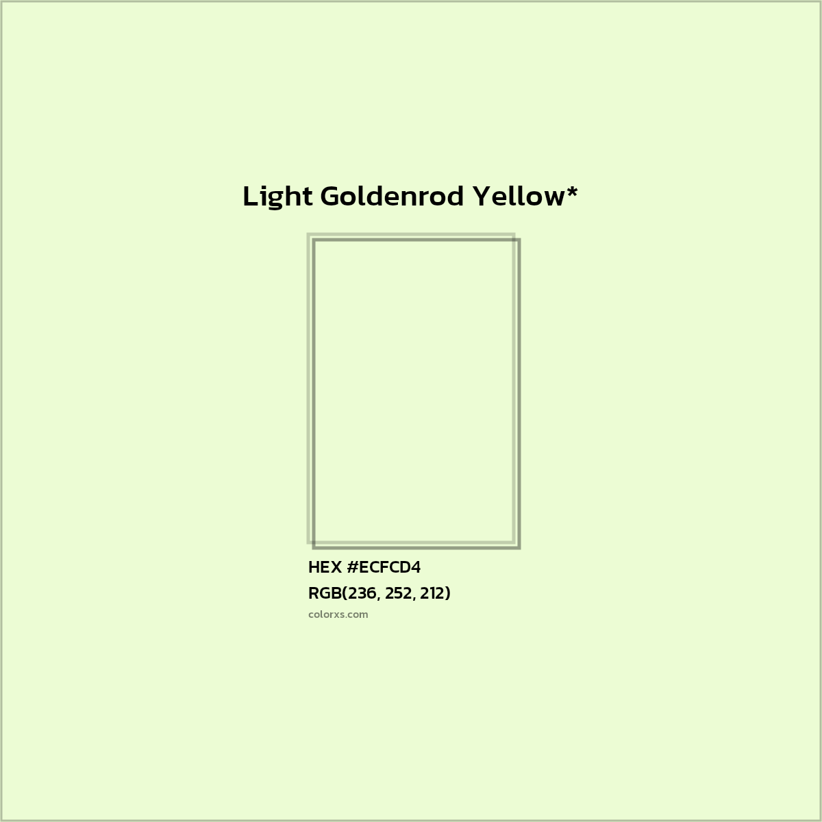 #ECFCD4 hex color. RGB, RYB, CMYK, HSL, HSV codes and color conversions. Matching color names, palettes, paints.