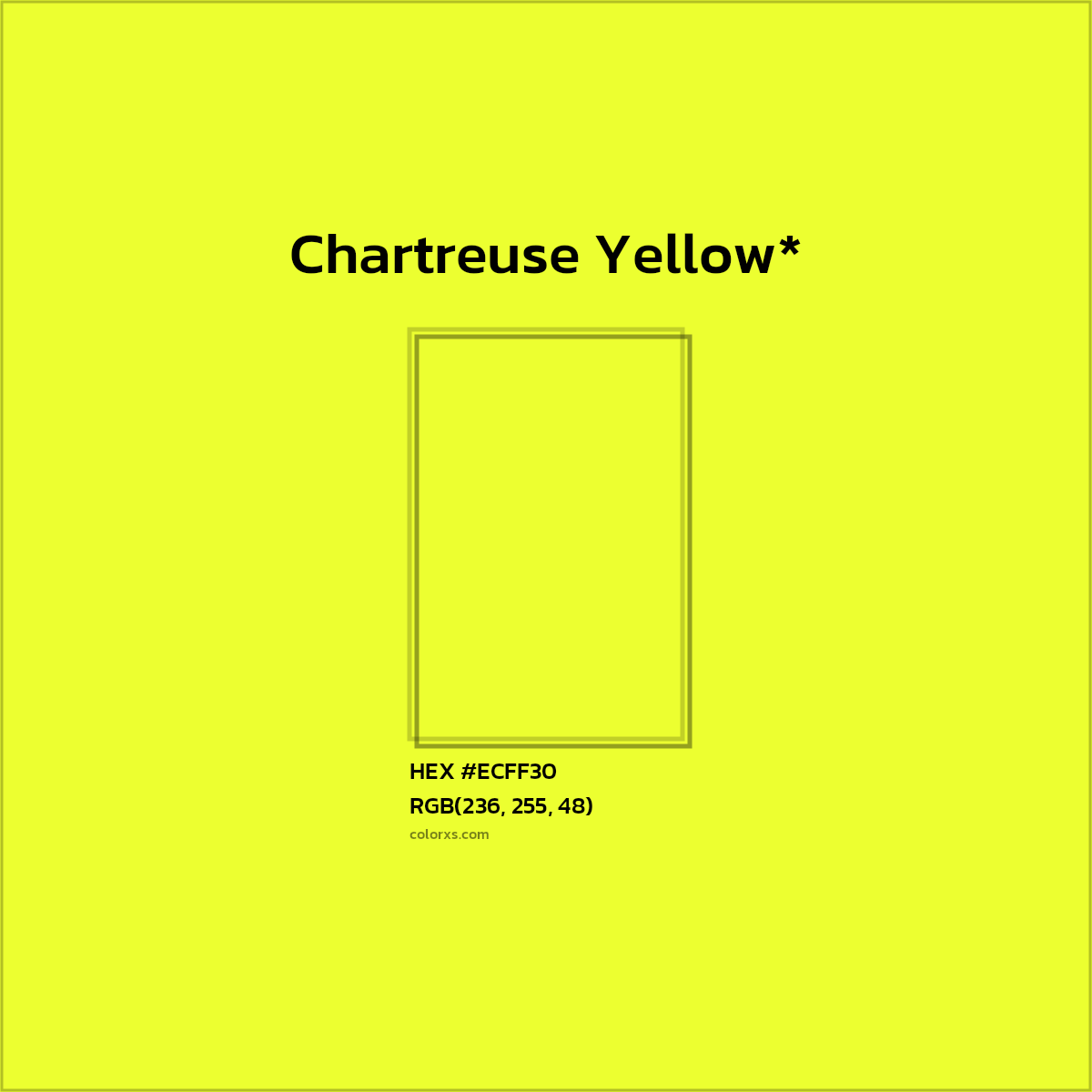 #ECFF30 hex color. RGB, RYB, CMYK, HSL, HSV codes and color conversions. Matching color names, palettes, paints.