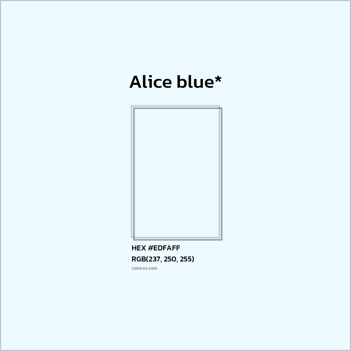 #EDFAFF hex color. RGB, RYB, CMYK, HSL, HSV codes and color conversions. Matching color names, palettes, paints.
