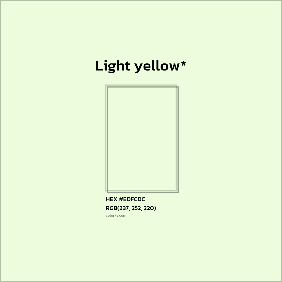 #EDFCDC hex color. RGB, RYB, CMYK, HSL, HSV codes and color conversions. Matching color names, palettes, paints.