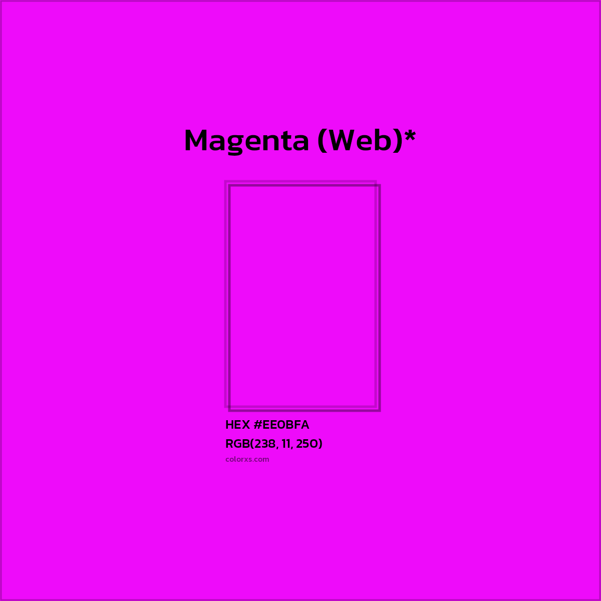 #EE0BFA hex color. RGB, RYB, CMYK, HSL, HSV codes and color conversions. Matching color names, palettes, paints.