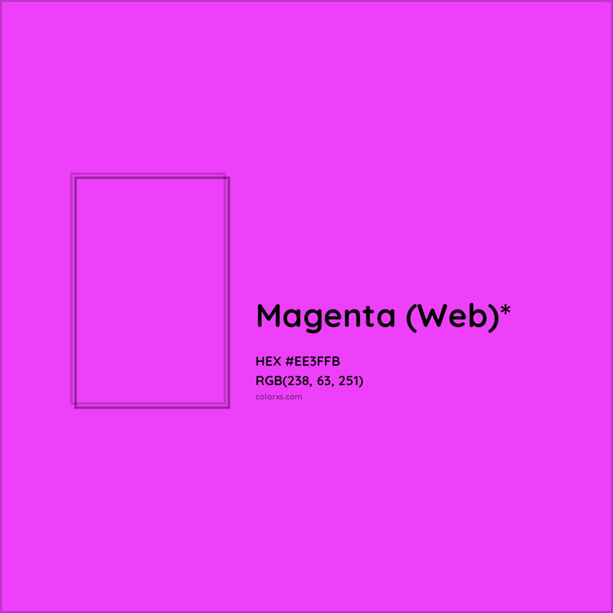 #EE3FFB hex color. RGB, RYB, CMYK, HSL, HSV codes and color conversions. Matching color names, palettes, paints.