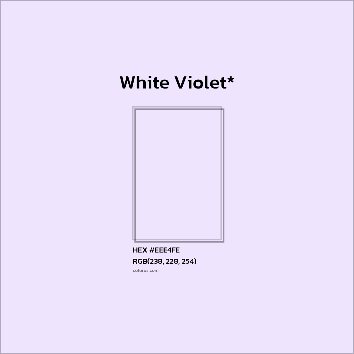 #EEE4FE hex color. RGB, RYB, CMYK, HSL, HSV codes and color conversions. Matching color names, palettes, paints.