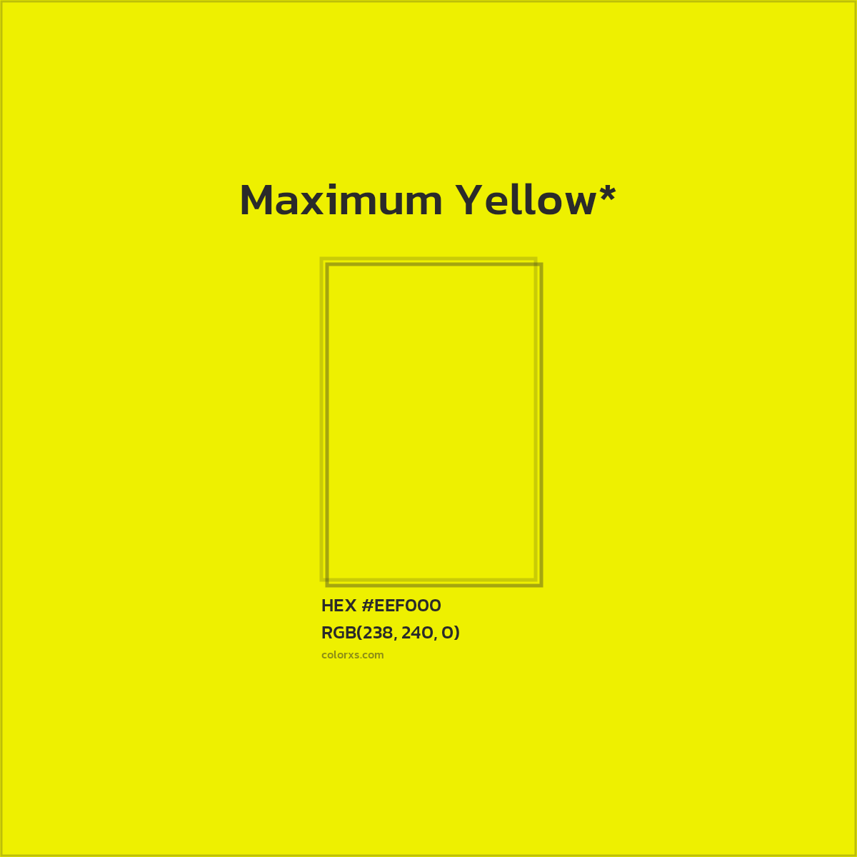 #EEF000 hex color. RGB, RYB, CMYK, HSL, HSV codes and color conversions. Matching color names, palettes, paints.