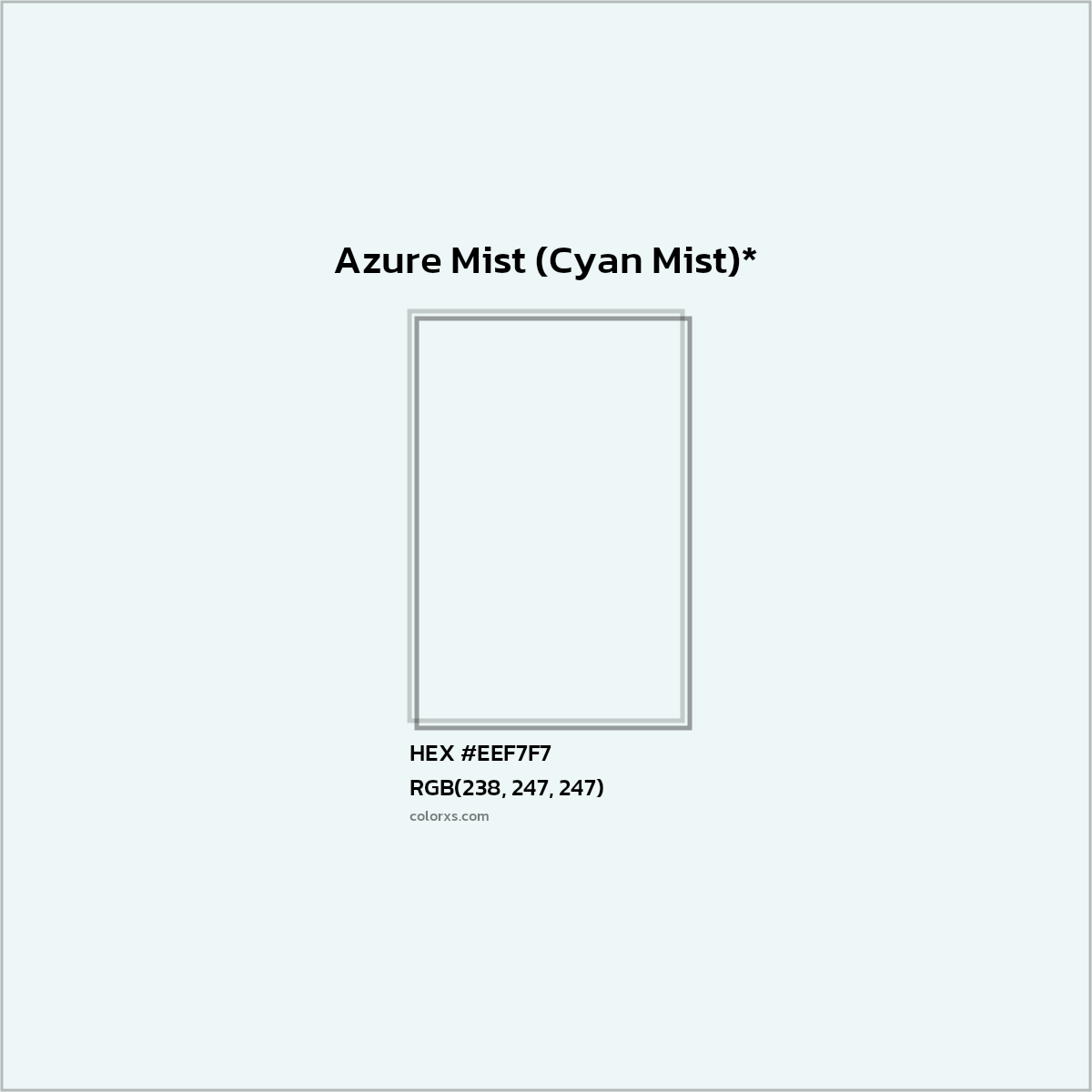 #EEF7F7 hex color. RGB, RYB, CMYK, HSL, HSV codes and color conversions. Matching color names, palettes, paints.