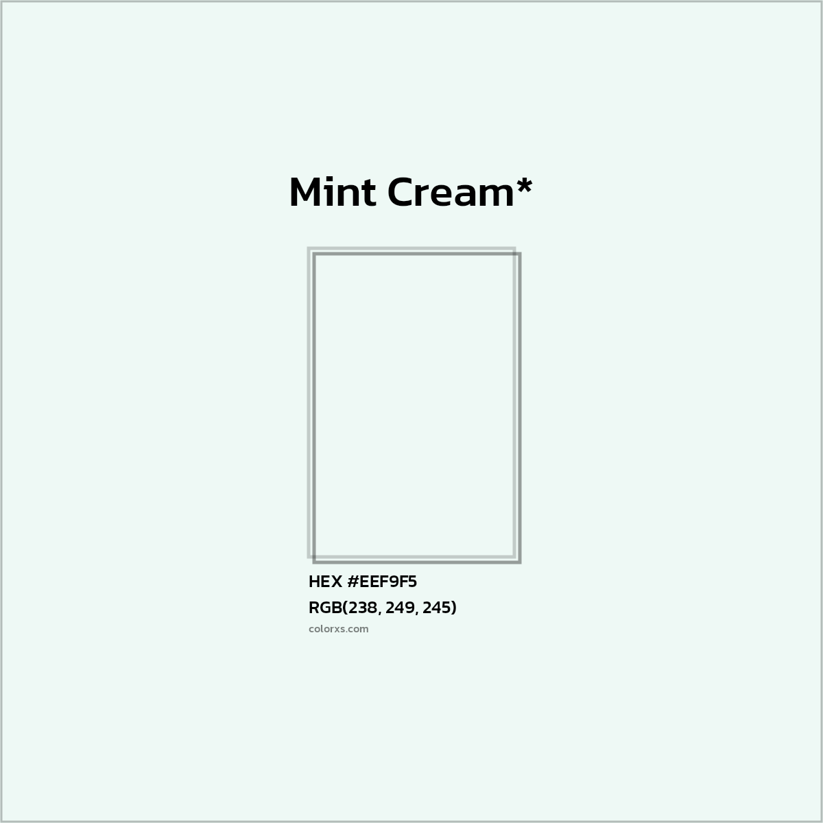 #EEF9F5 hex color. RGB, RYB, CMYK, HSL, HSV codes and color conversions. Matching color names, palettes, paints.