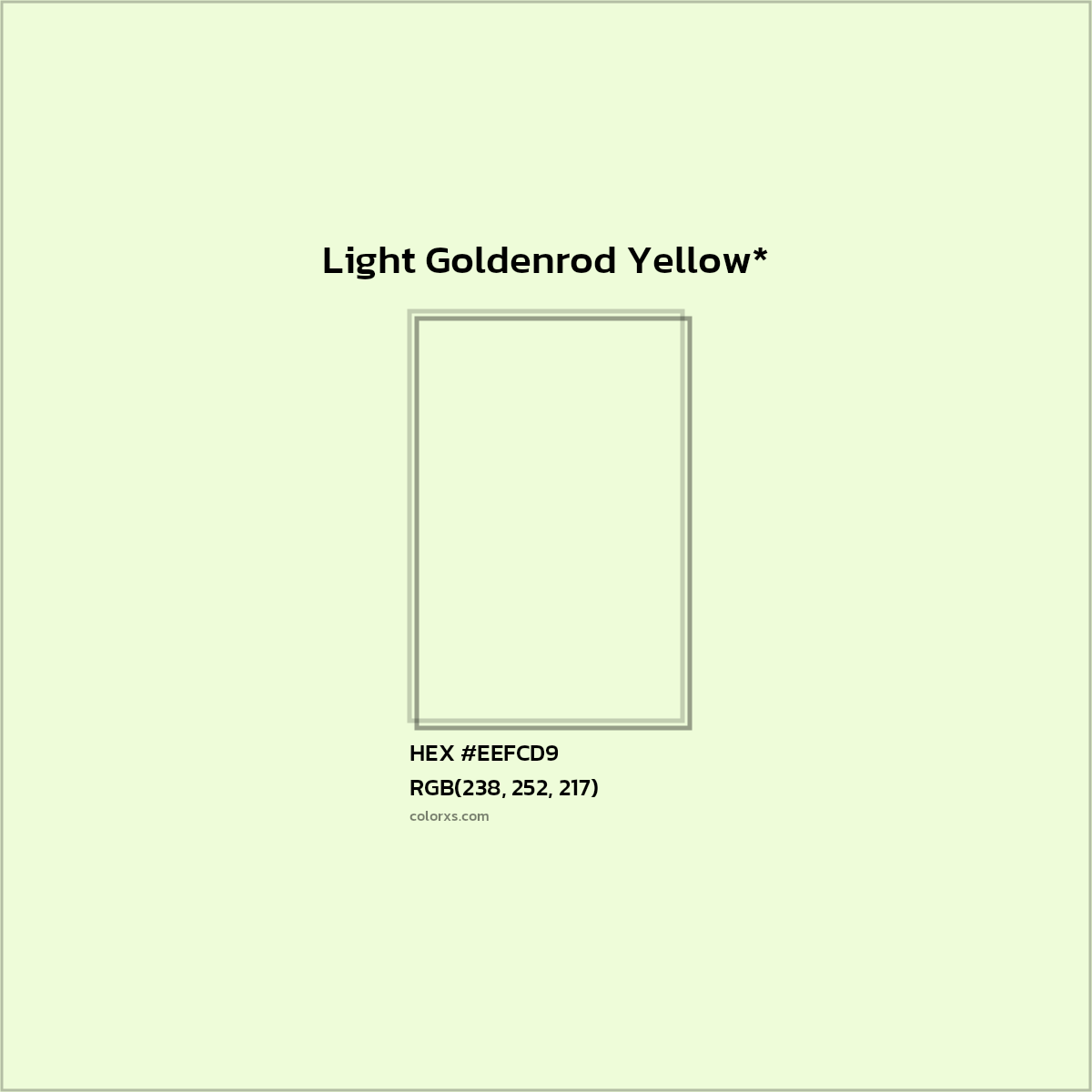 #EEFCD9 hex color. RGB, RYB, CMYK, HSL, HSV codes and color conversions. Matching color names, palettes, paints.