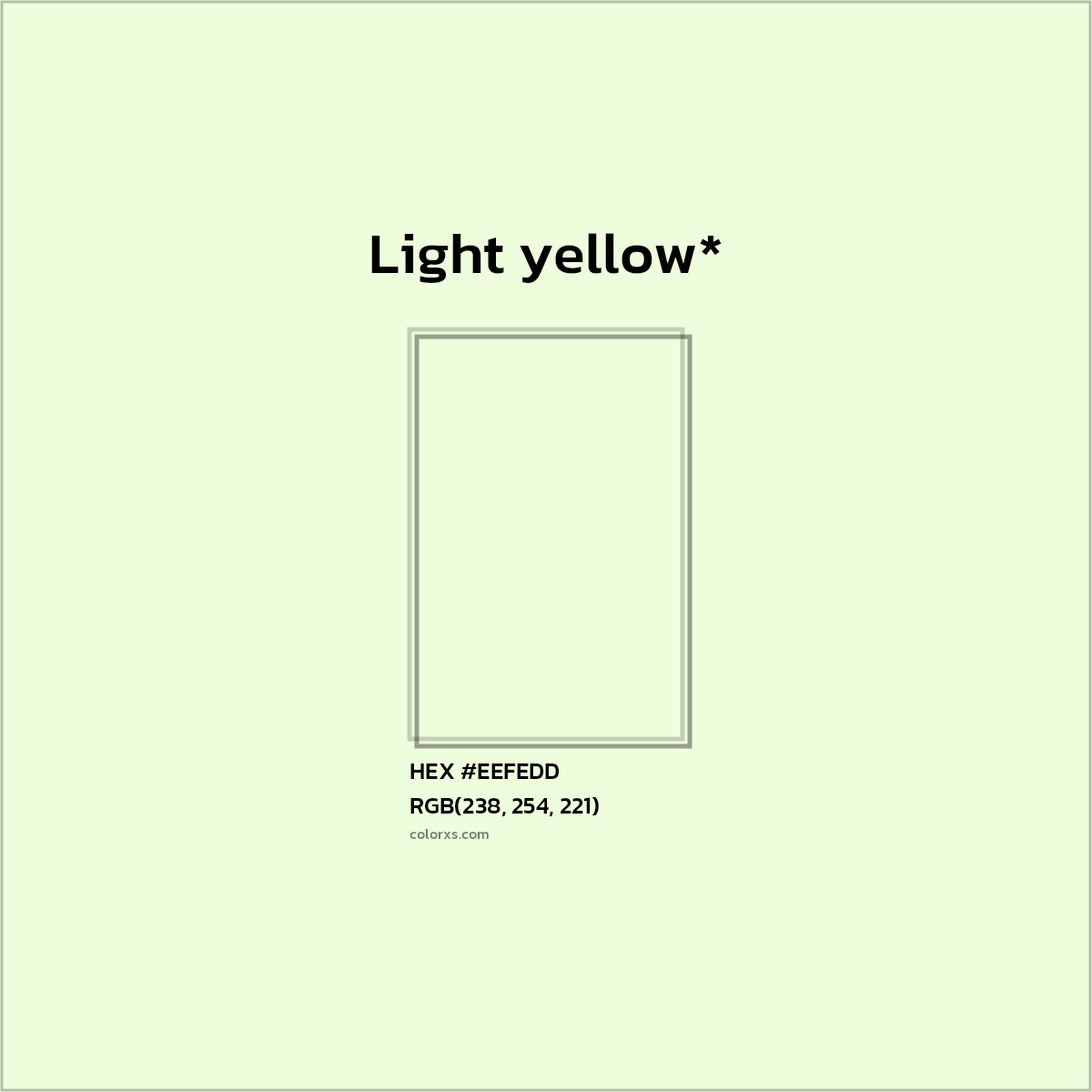 #EEFEDD hex color. RGB, RYB, CMYK, HSL, HSV codes and color conversions. Matching color names, palettes, paints.