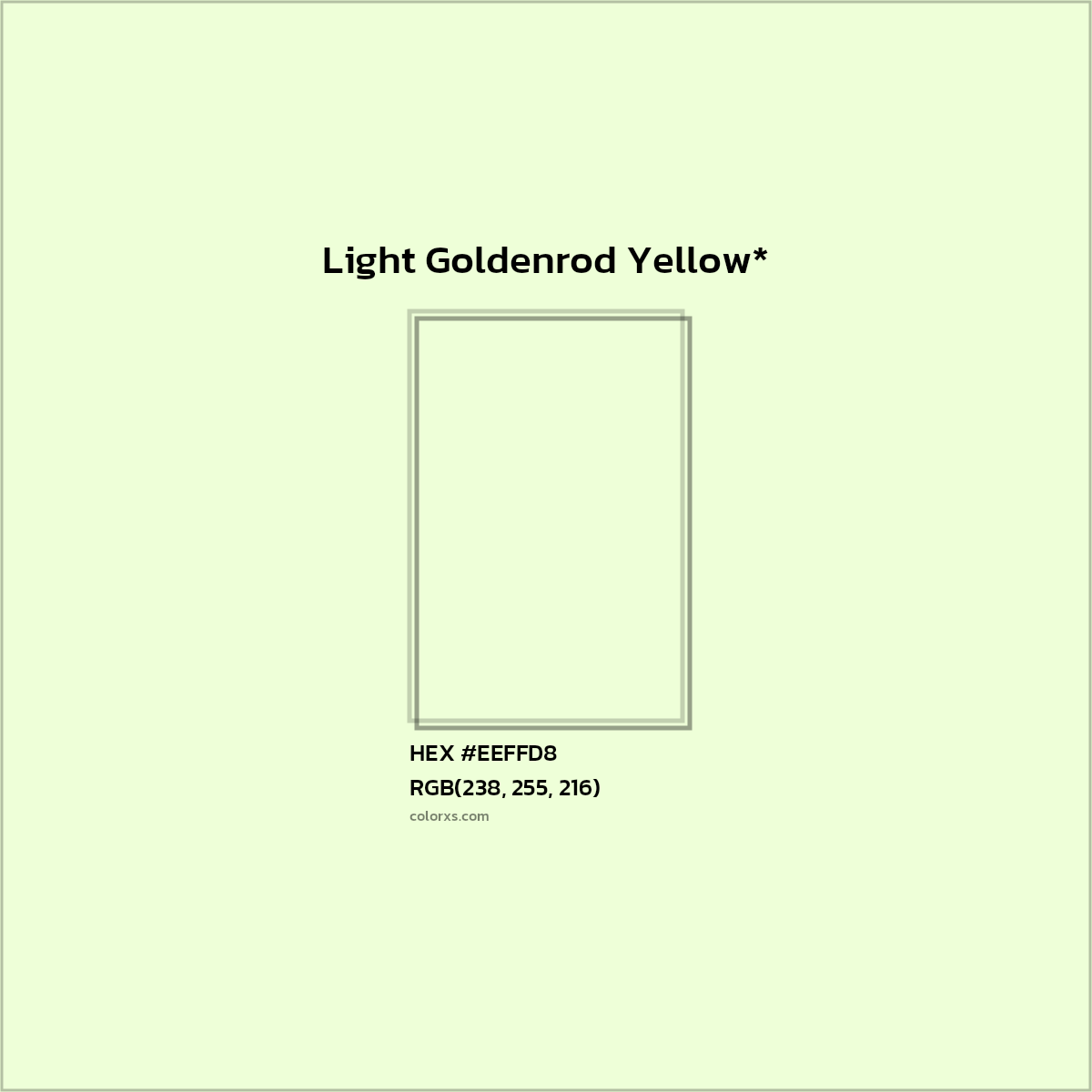 #EEFFD8 hex color. RGB, RYB, CMYK, HSL, HSV codes and color conversions. Matching color names, palettes, paints.